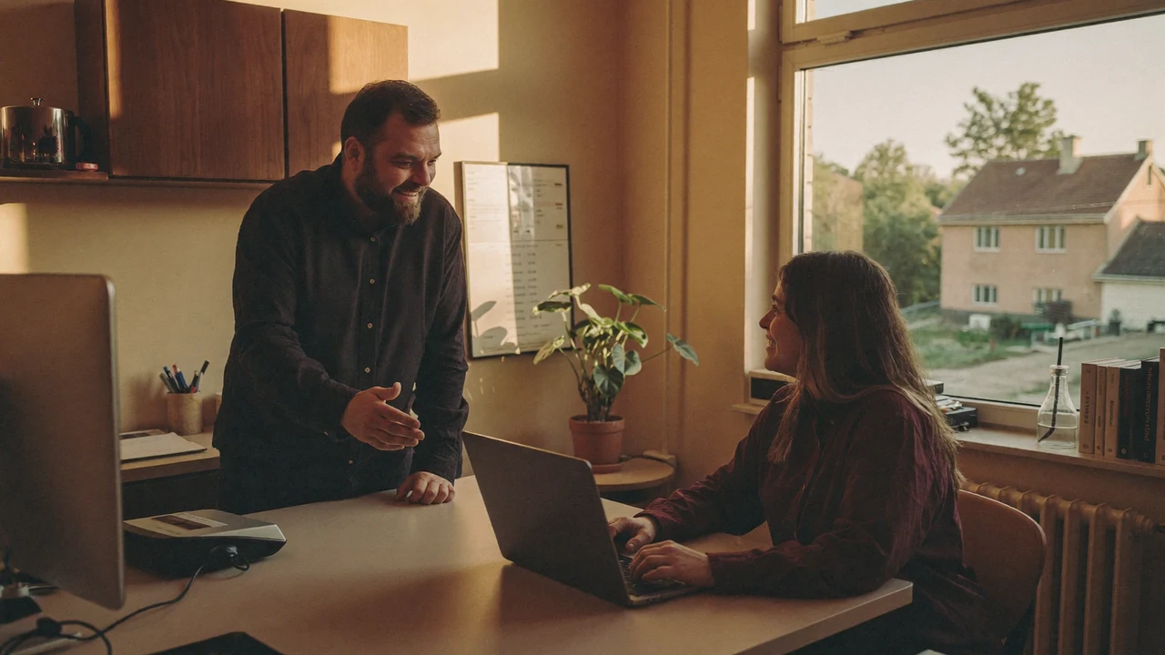 Christian Rill im Büro eines Betriebs im Gespräch mit einer Unternehmerin am Laptop
