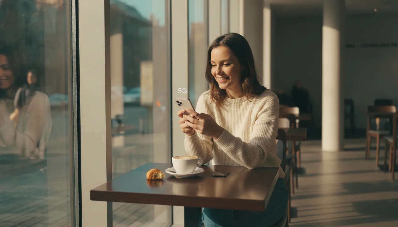 Frau im Café schaut auf ihr Smartphone – congstar Allnet Flat S 5G