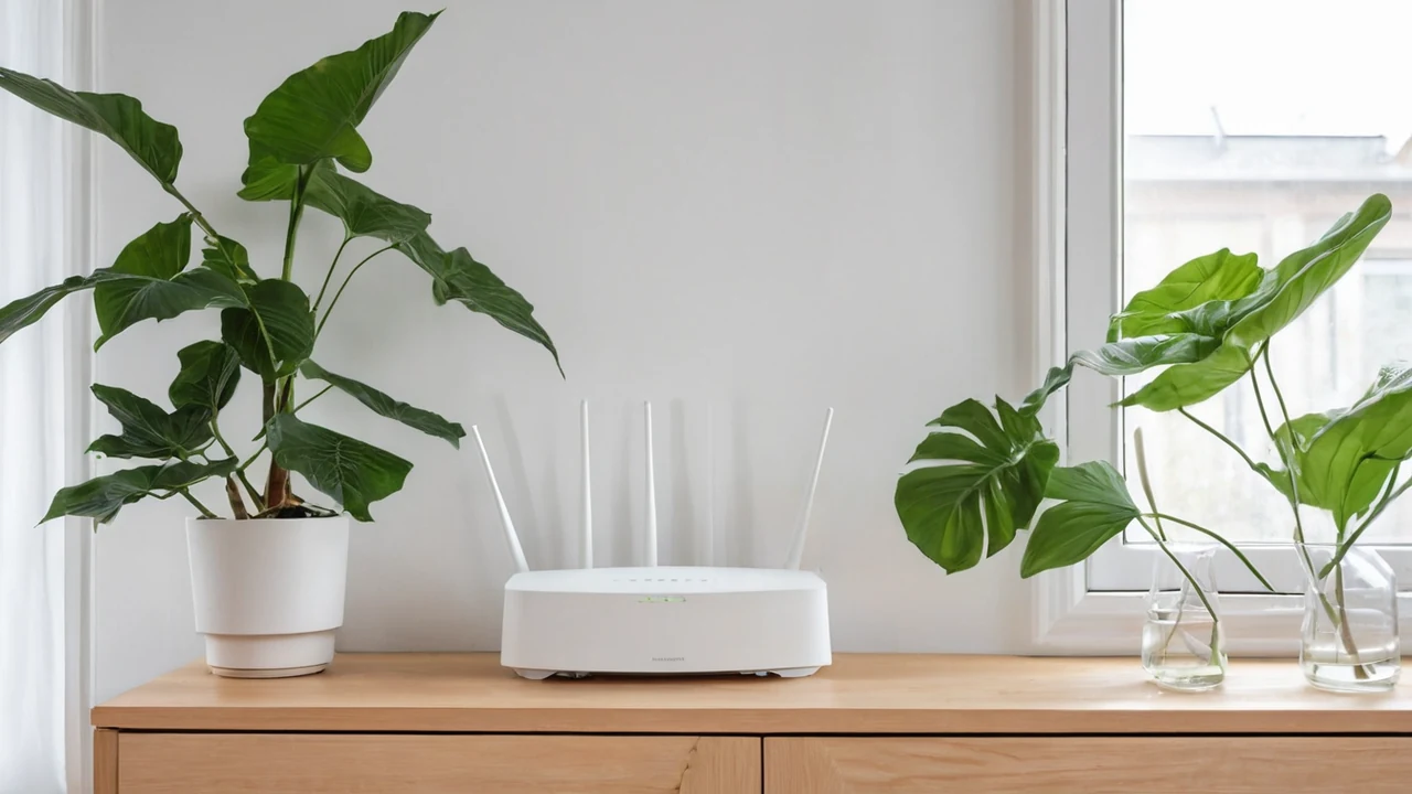 Weißer WLAN-Router auf einem Sideboard im Wohnzimmer