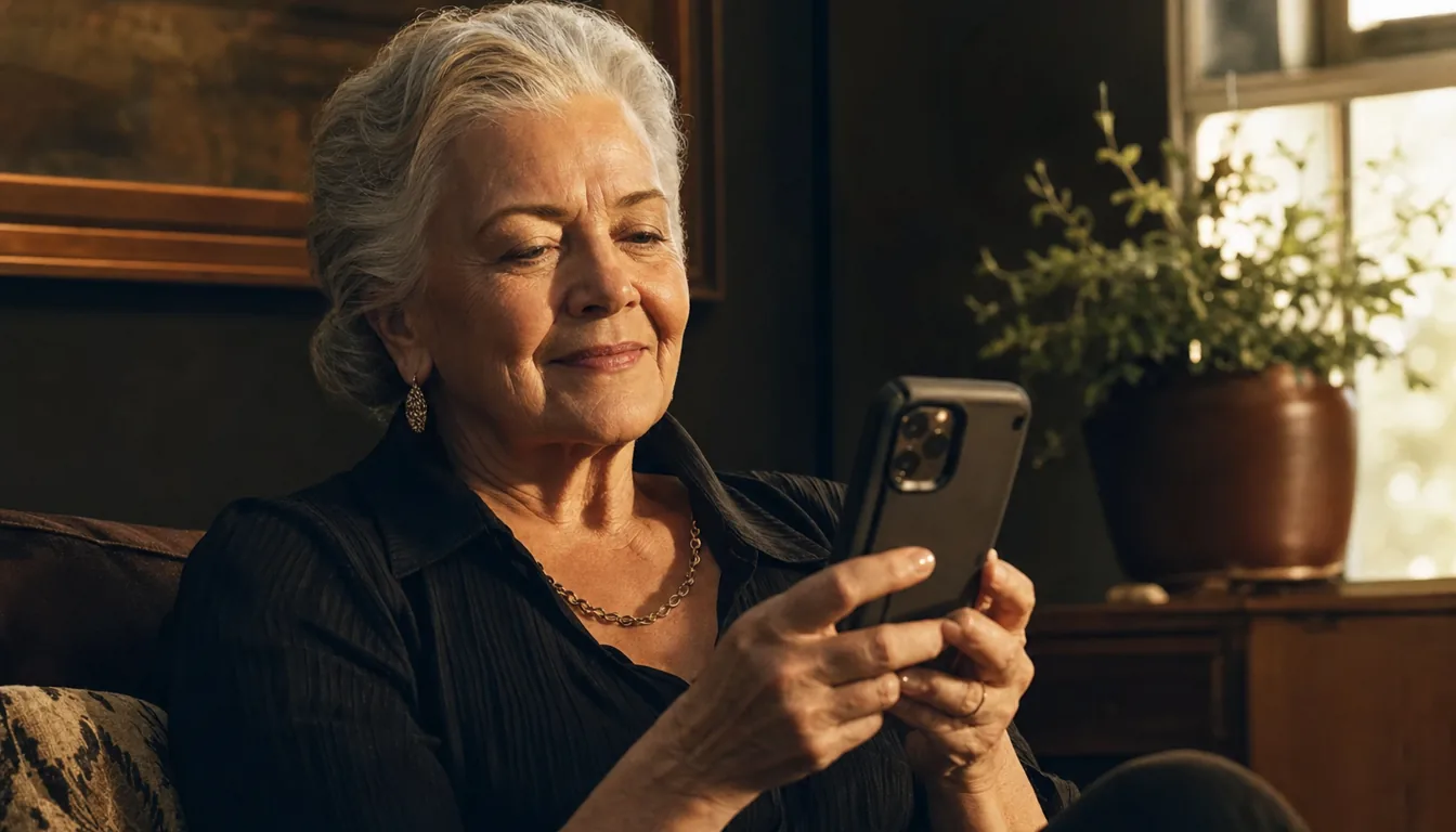 Ältere Frau bedient entspannt ein modernes Smartphone mit Schutzhülle im Wohnzimmer