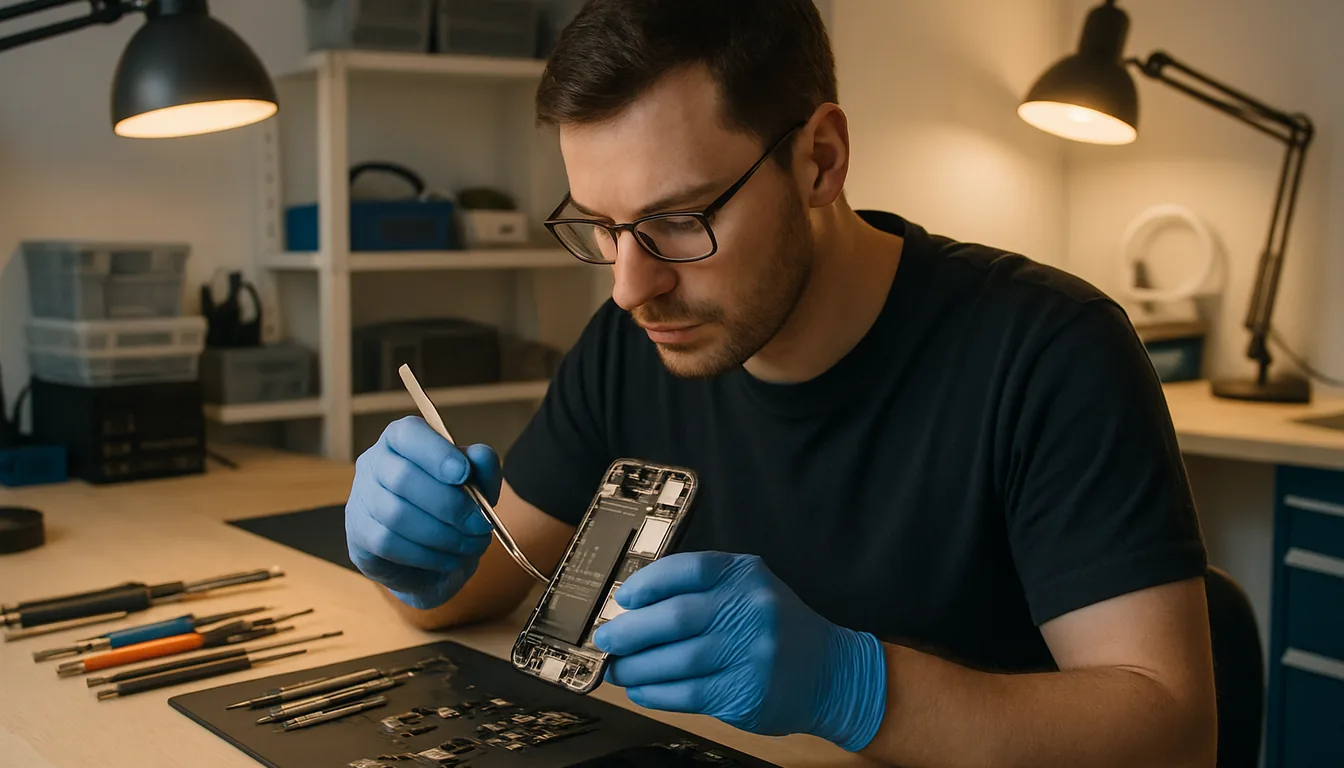 Smartphone-Reparateur öffnet ein Gerät mit Präzisionswerkzeug in modernem Werkstatt-Umfeld