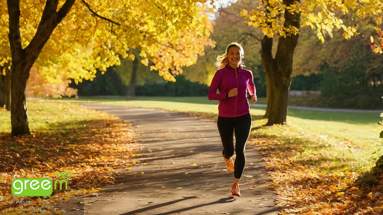 L&auml;uferin joggt im goldenen Herbstlicht durch einen Park
