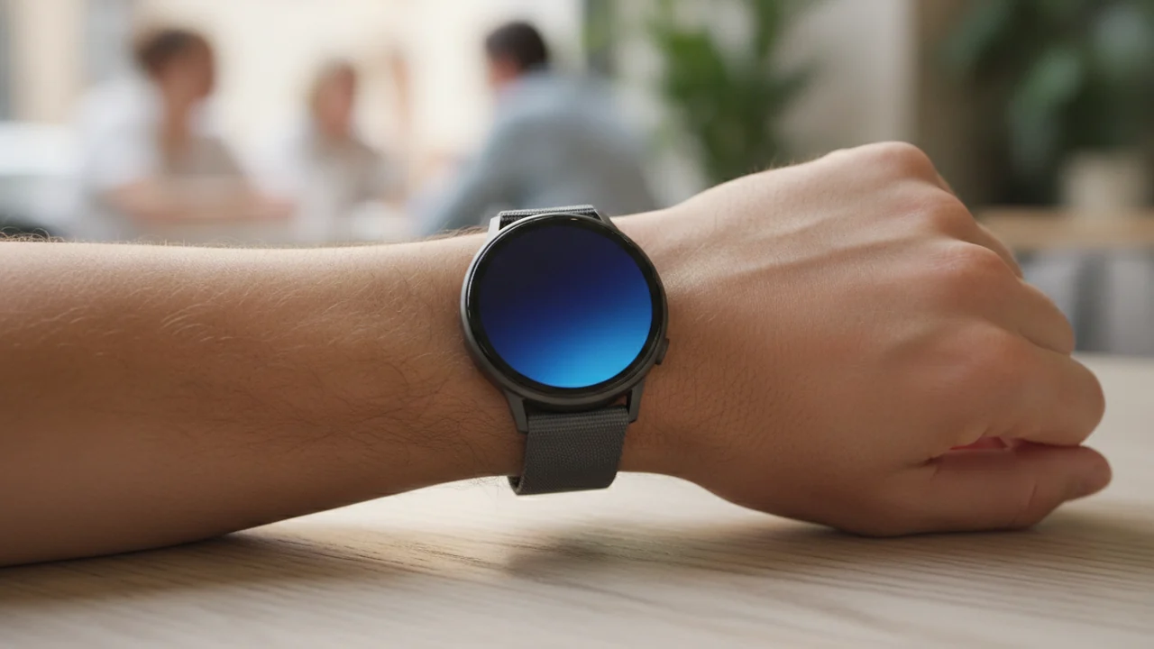 Runde Smartwatch mit dunklem Gehäuse am Handgelenk, aufgelegt auf einen Holztisch