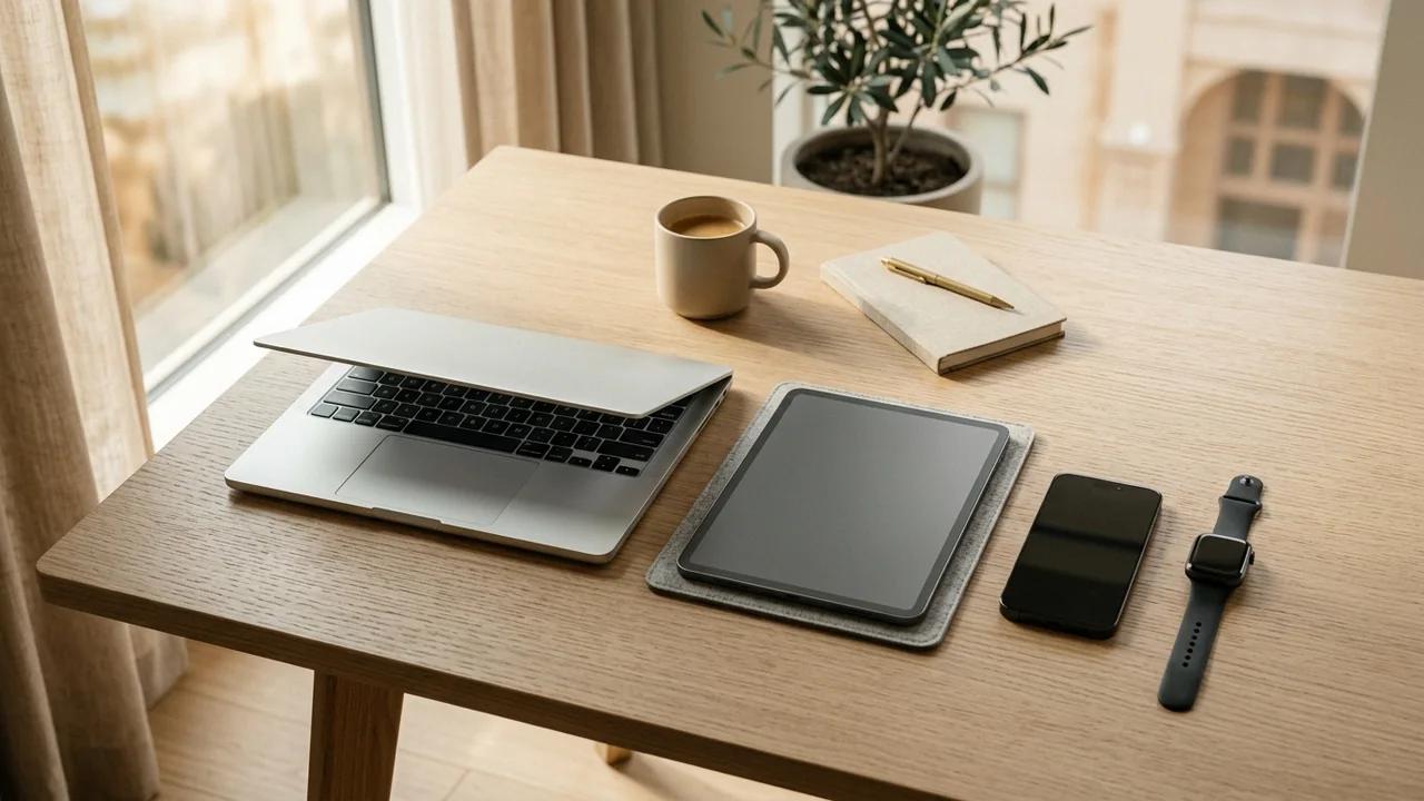 Laptop, Tablet, Smartphone und Smartwatch nebeneinander auf einem Schreibtisch