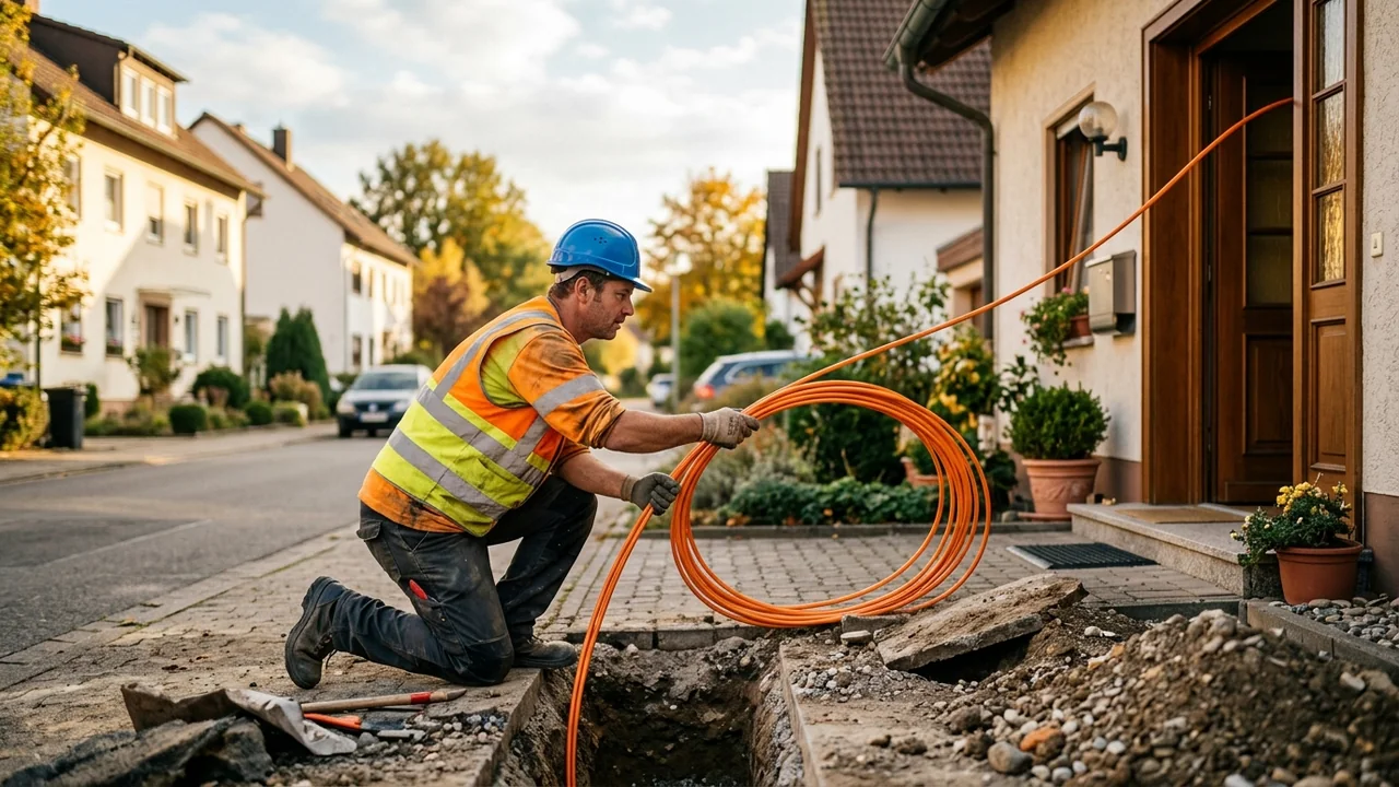 Bauarbeiter führt ein orangefarbenes Glasfaserkabel aus dem Straßengraben zum Hauseingang