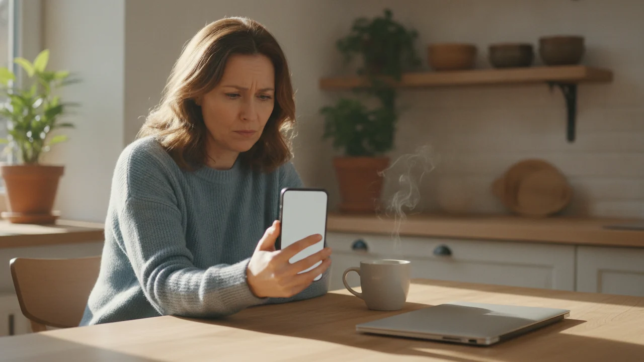 Frau sitzt morgens am Küchentisch und schaut leicht genervt auf ihr Smartphone