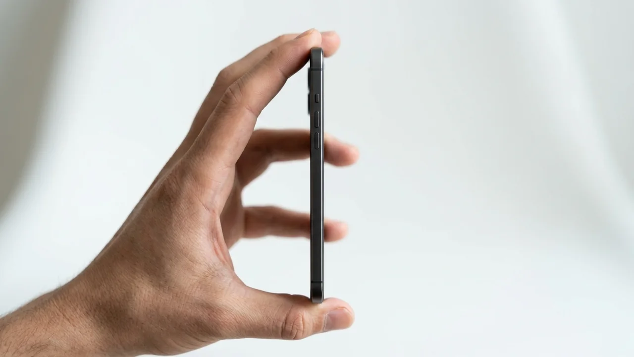 Hand hält ein extrem dünnes Smartphone von der Seite – Konzept