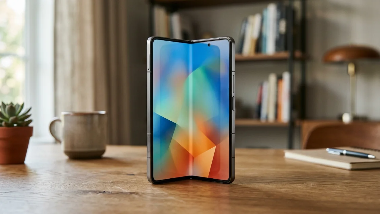 Aufgeklapptes Book-Style-Foldable mit großem Innendisplay auf einem Schreibtisch – Konzept