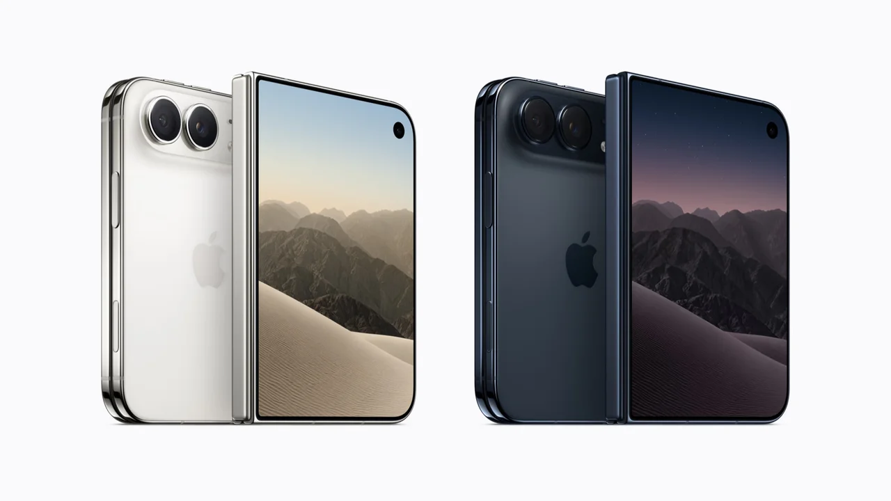Zwei aufgeklappte iPhone Duo in Silber und Dunkelblau, jeweils mit R&uuml;ckseite und Kamera links und Innendisplay rechts