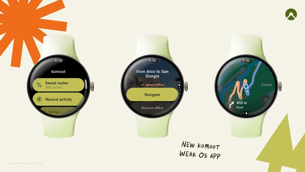 Drei Smartwatches mit der neuen Komoot-App f&uuml;r Wear OS: Startmen&uuml;, offline gespeicherte Route und Kartenansicht mit Abbiegehinweis