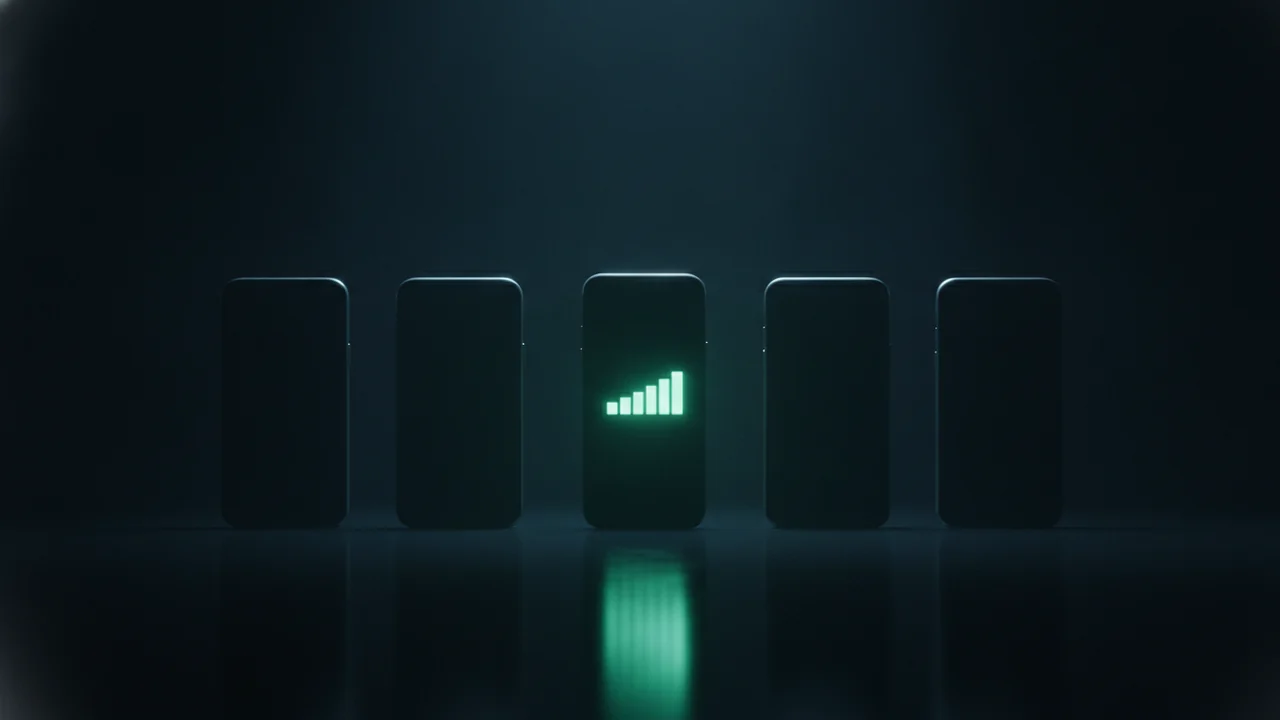Fünf Smartphones nebeneinander, eines leuchtet grün mit vollem Netzempfang