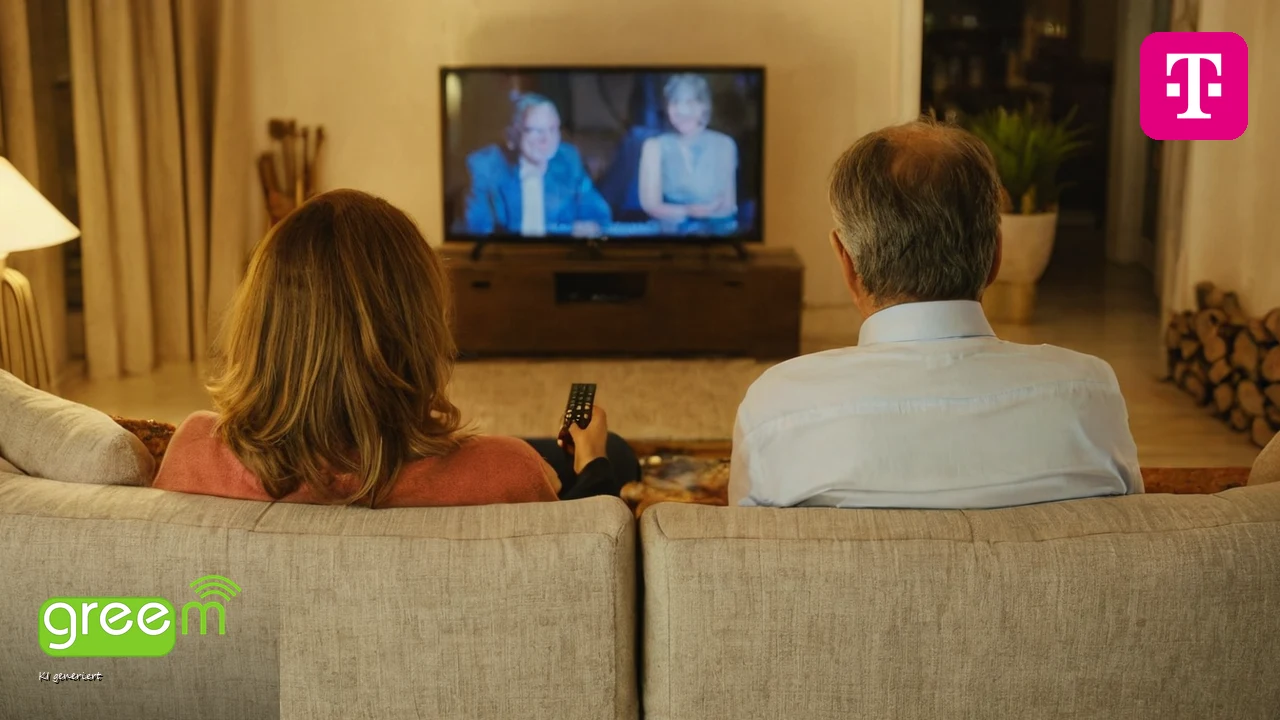 Paar von hinten auf dem Sofa vor einem gro&szlig;en Flachbildfernseher im warmen Wohnzimmerlicht, die Frau h&auml;lt die Fernbedienung, oben rechts das Telekom-Logo