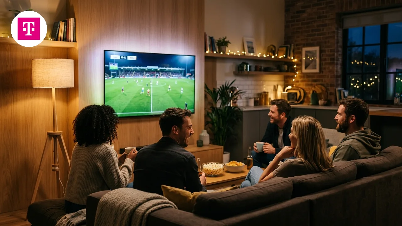 Freundesrunde schaut abends gemeinsam ein Fußballspiel auf dem Fernseher im Wohnzimmer