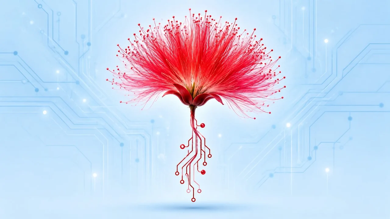 Grafik von Bitdefender: rote Mimosenbl&uuml;te, deren Stiel in Leiterbahnen &uuml;bergeht