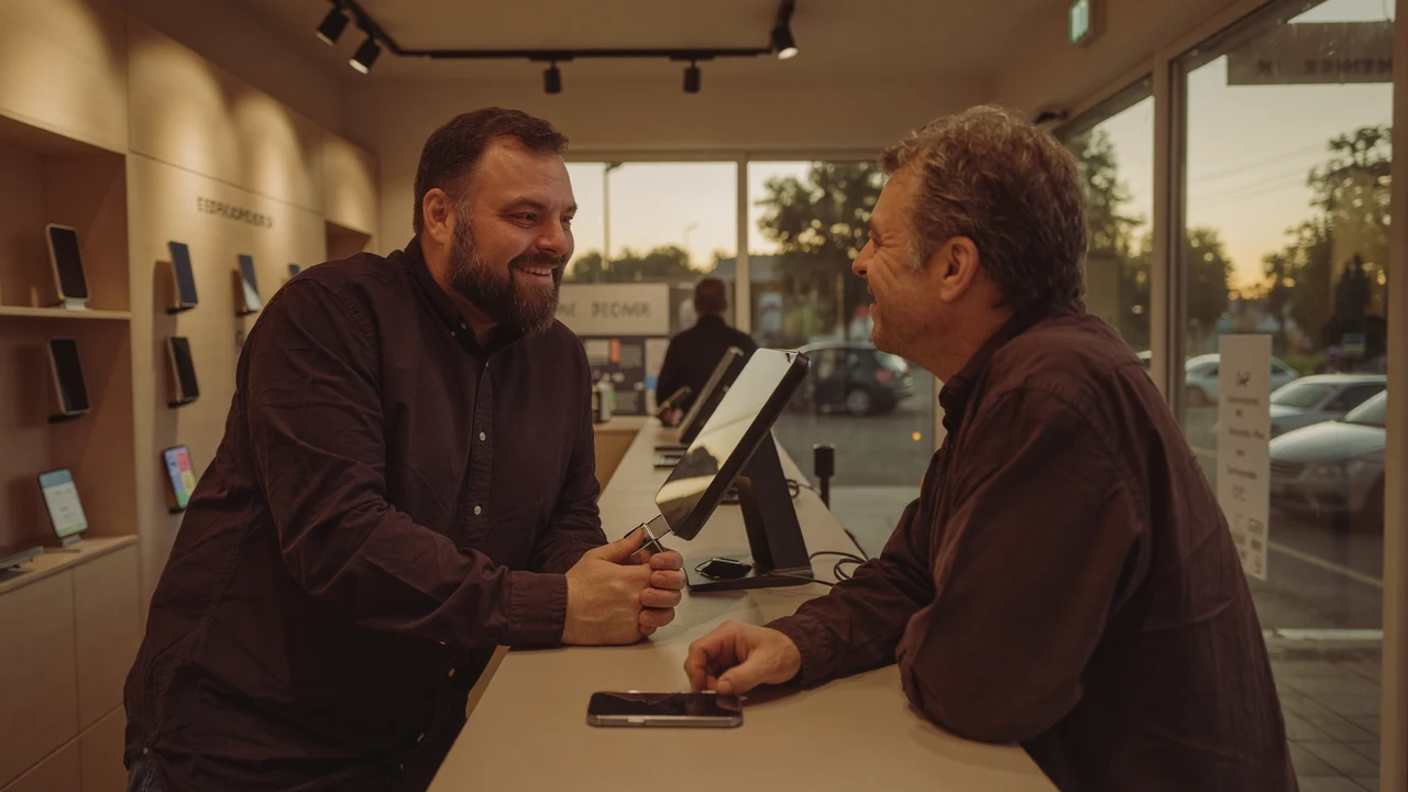 Christian Rill im greem-Shop im Gespräch mit einem Kunden an der Theke