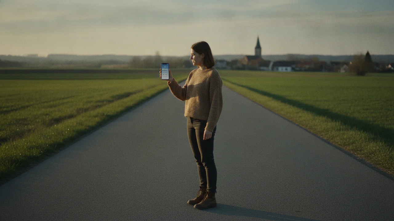 Frau prüft den Mobilfunk-Empfang auf ihrem Smartphone an einer Landstraße am Ortsrand