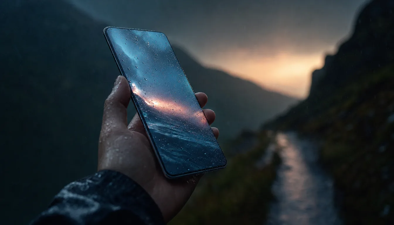 Schlankes Flaggschiff-Smartphone mit Regentropfen in der Hand vor Bergkulisse in der Dämmerung