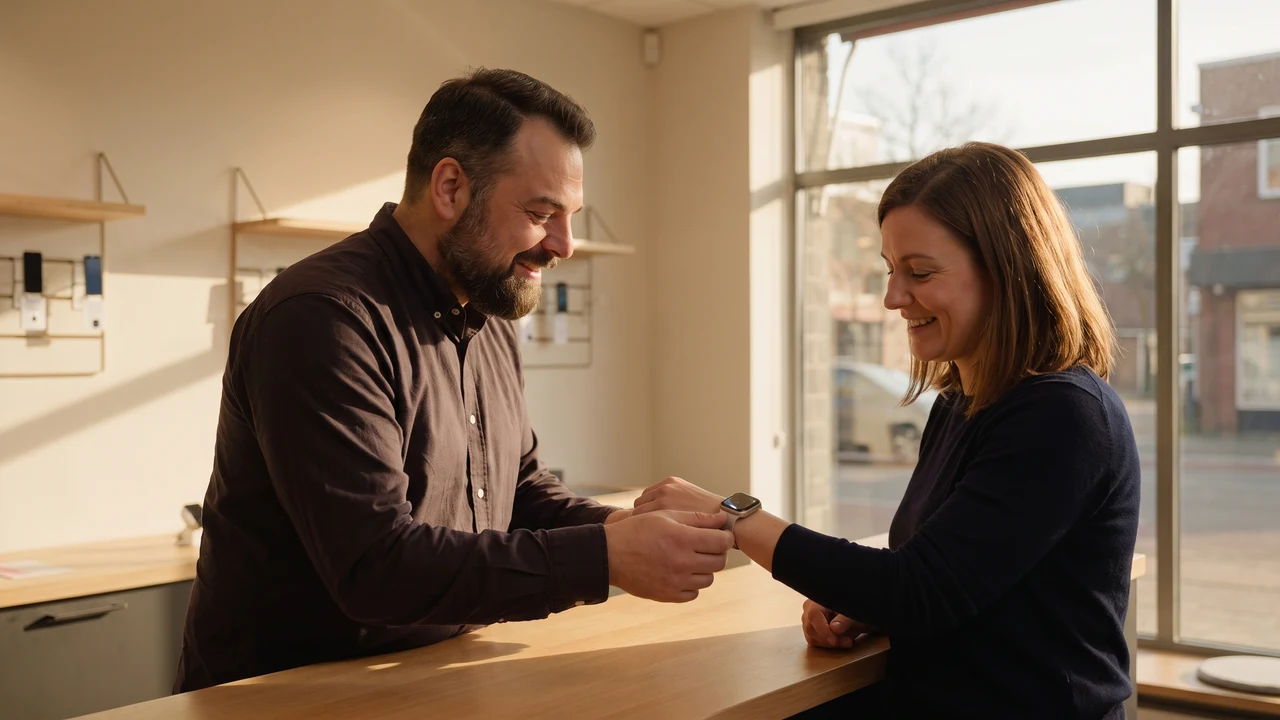 Christian Rill zeigt einer Kundin im greem-Shop eine Smartwatch