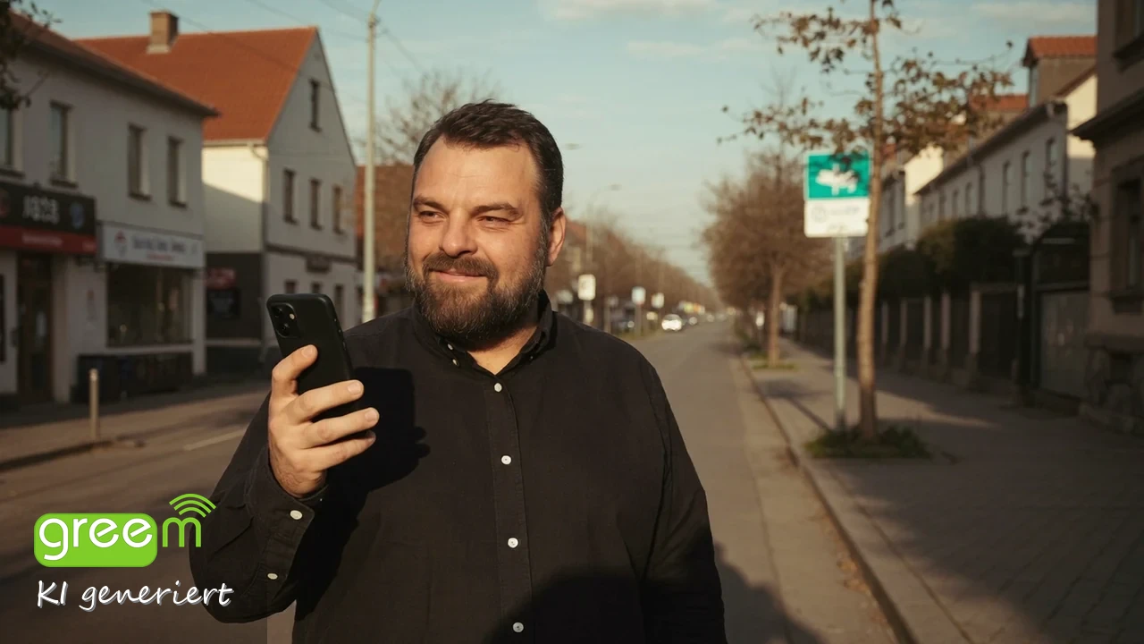 Christian Rill schaut auf einer Straße im Abendlicht auf sein Smartphone