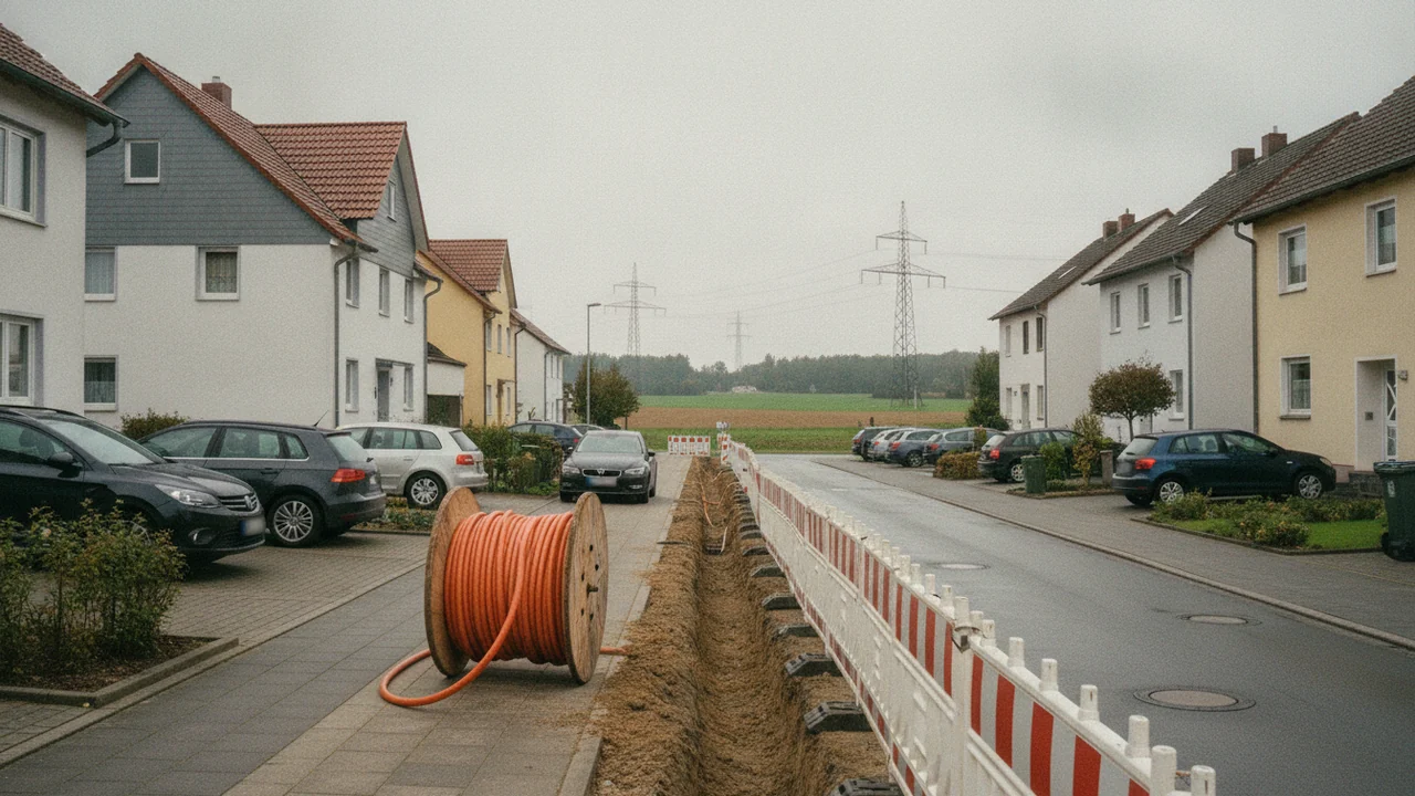Offener Kabelgraben mit Leerrohrtrommel in einer Wohnstraße, am Horizont Strommasten