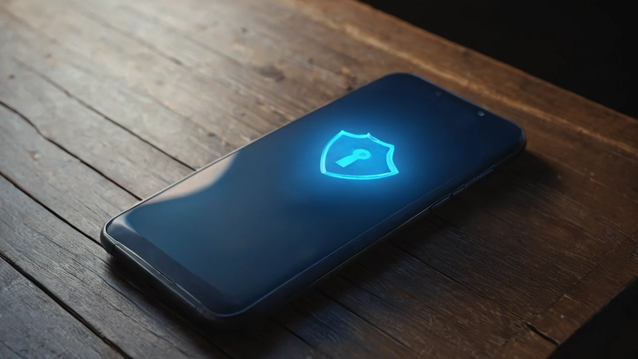 Smartphone mit leuchtendem Schutzschild-Symbol über dem Display