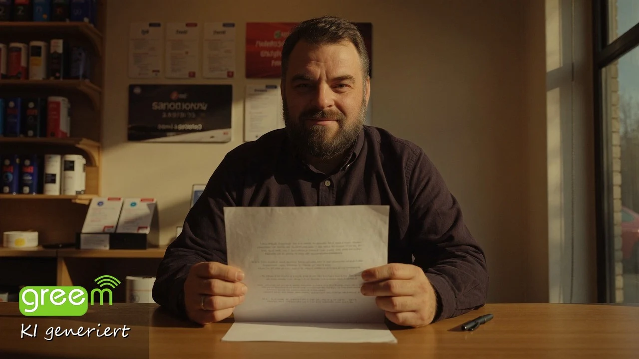 Christian Rill sitzt an der Ladentheke mit einem Blatt Papier in den Händen