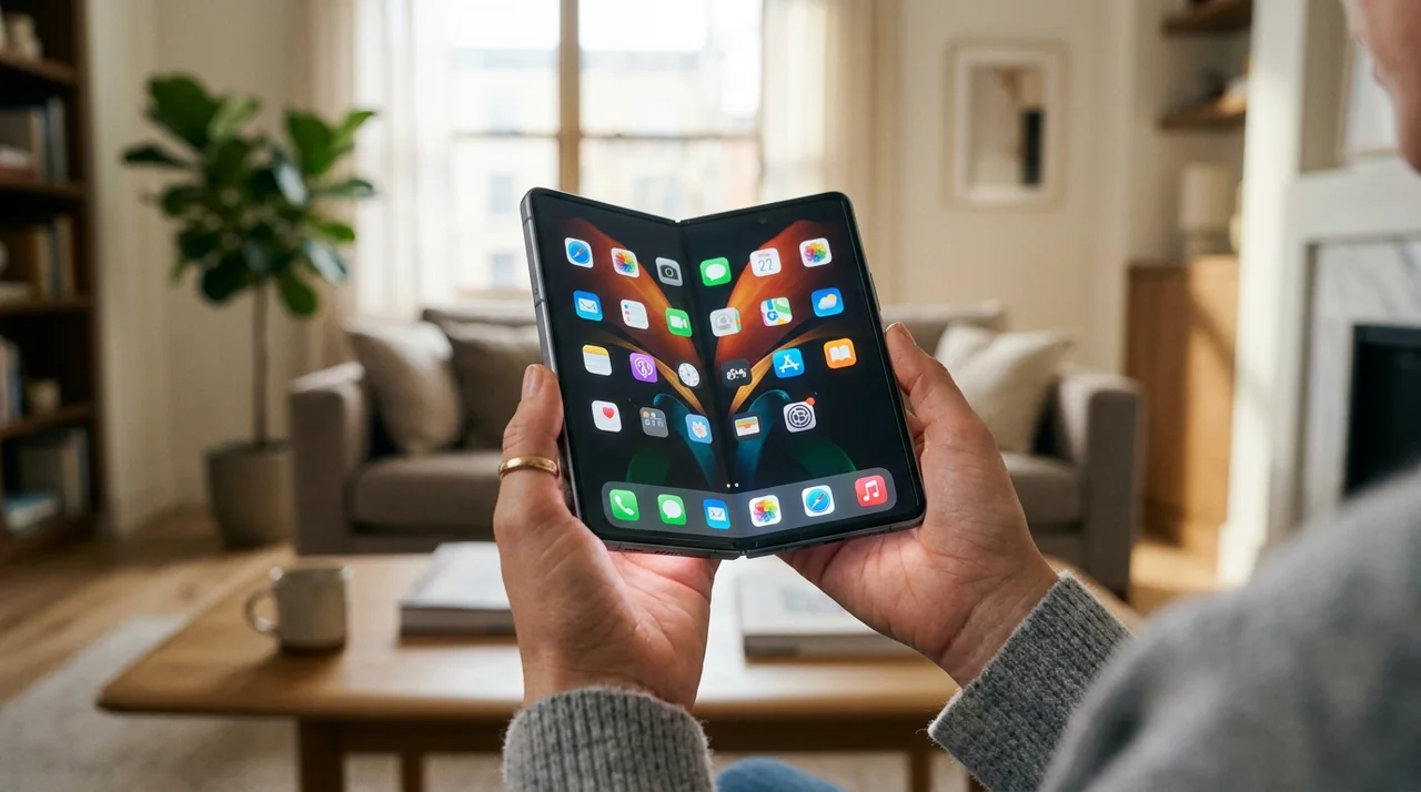 Aufgeklapptes Foldable-Smartphone mit breitem Innendisplay in der Hand