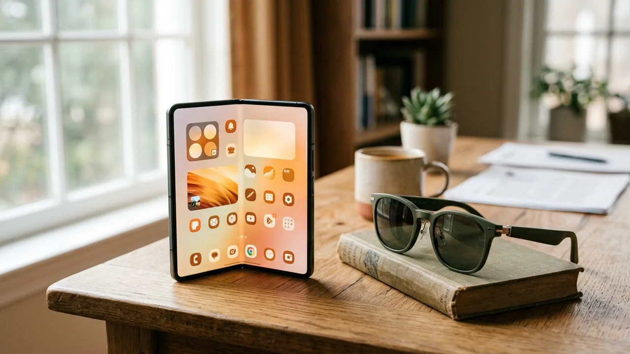 Aufgeklapptes Foldable-Smartphone und smarte Brille auf einem Holztisch