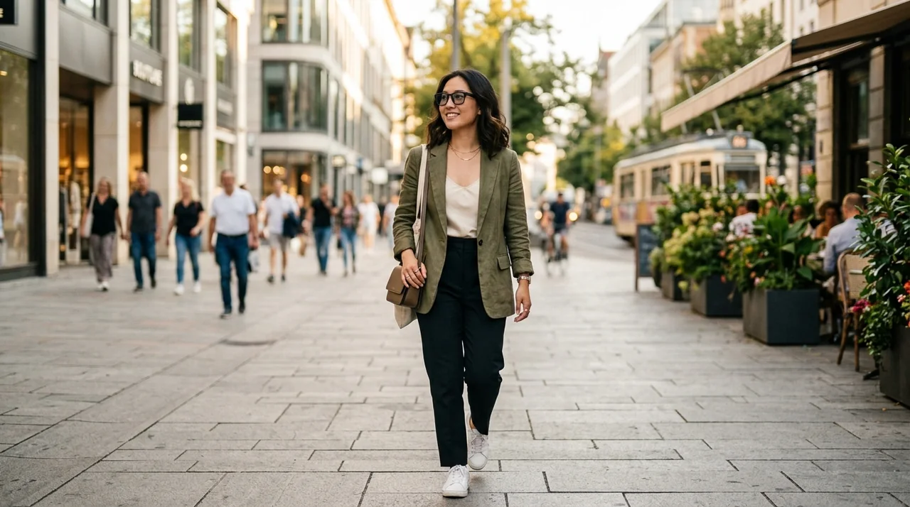 Person mit smarter Brille im Alltag auf einer Stadtstraße