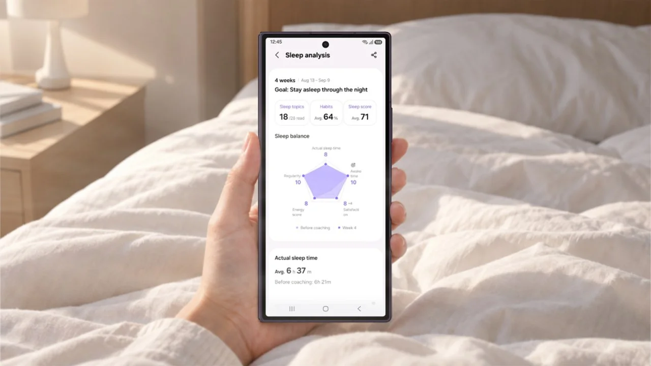 Hand h&auml;lt ein Samsung-Smartphone im Bett, auf dem Display die Schlafanalyse von Samsung Health mit einem F&uuml;nfeck-Diagramm