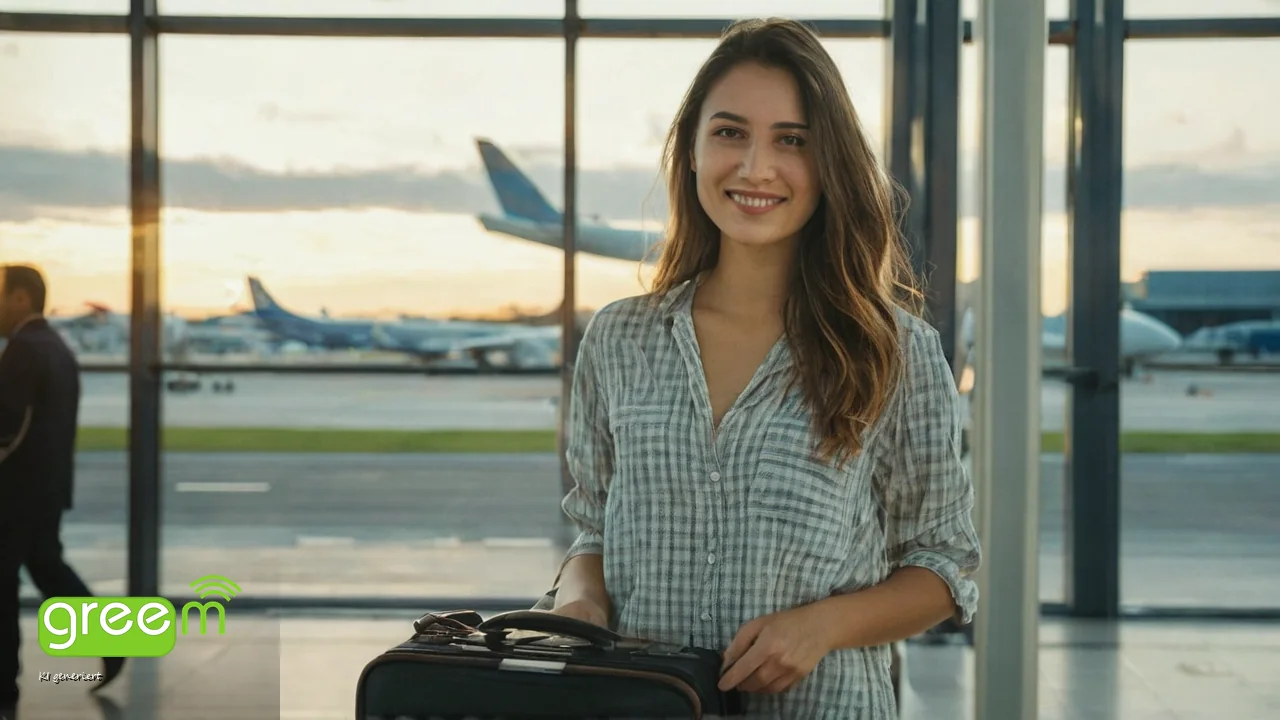 Junge Frau mit Handgepäck am Flughafen-Gate im Abendlicht