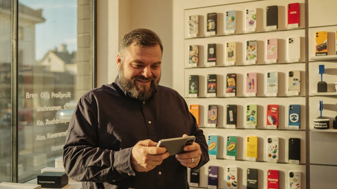 Christian Rill im greem-Shop mit einem Smartphone quer in beiden Händen