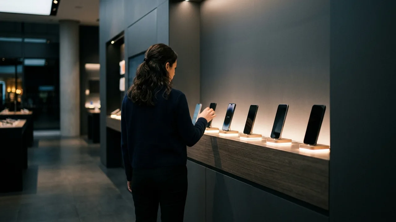 Kundin betrachtet Smartphones auf einer beleuchteten Präsentationswand im Fachgeschäft