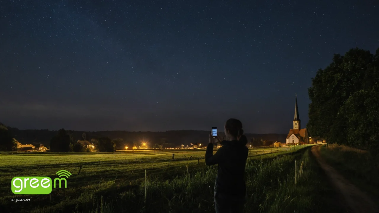 Person h&auml;lt nachts auf einem Feldweg ihr Smartphone in den Sternenhimmel, im Hintergrund ein Dorf mit Kirchturm