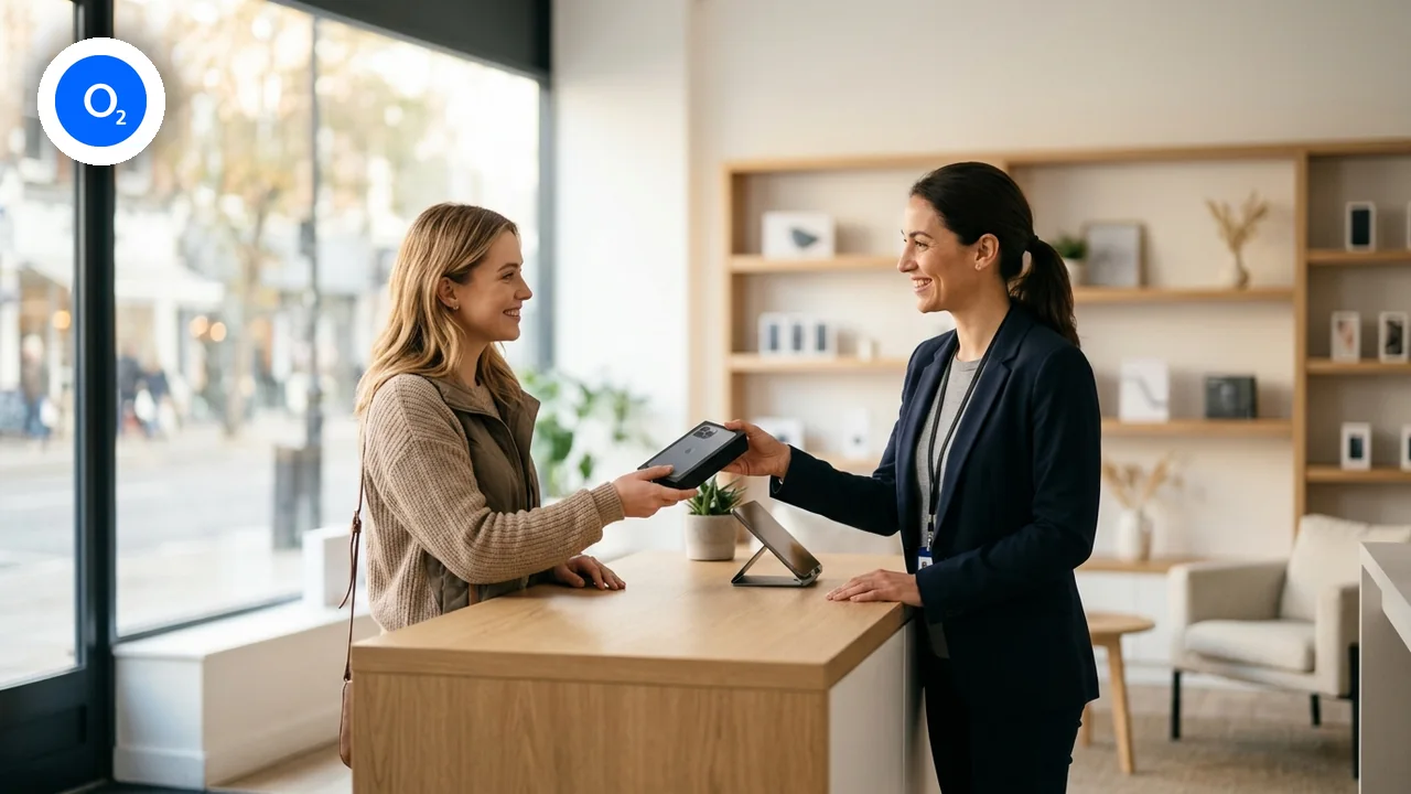 Beraterin übergibt einer Kundin ein Smartphone über den Tresen in einem hellen Handy-Shop