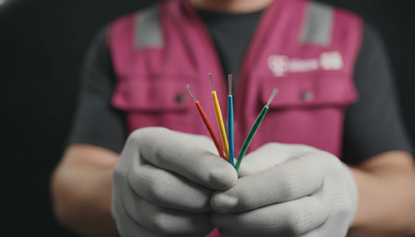 Telekom-Techniker hält farbige Glasfaserkabel in den Händen