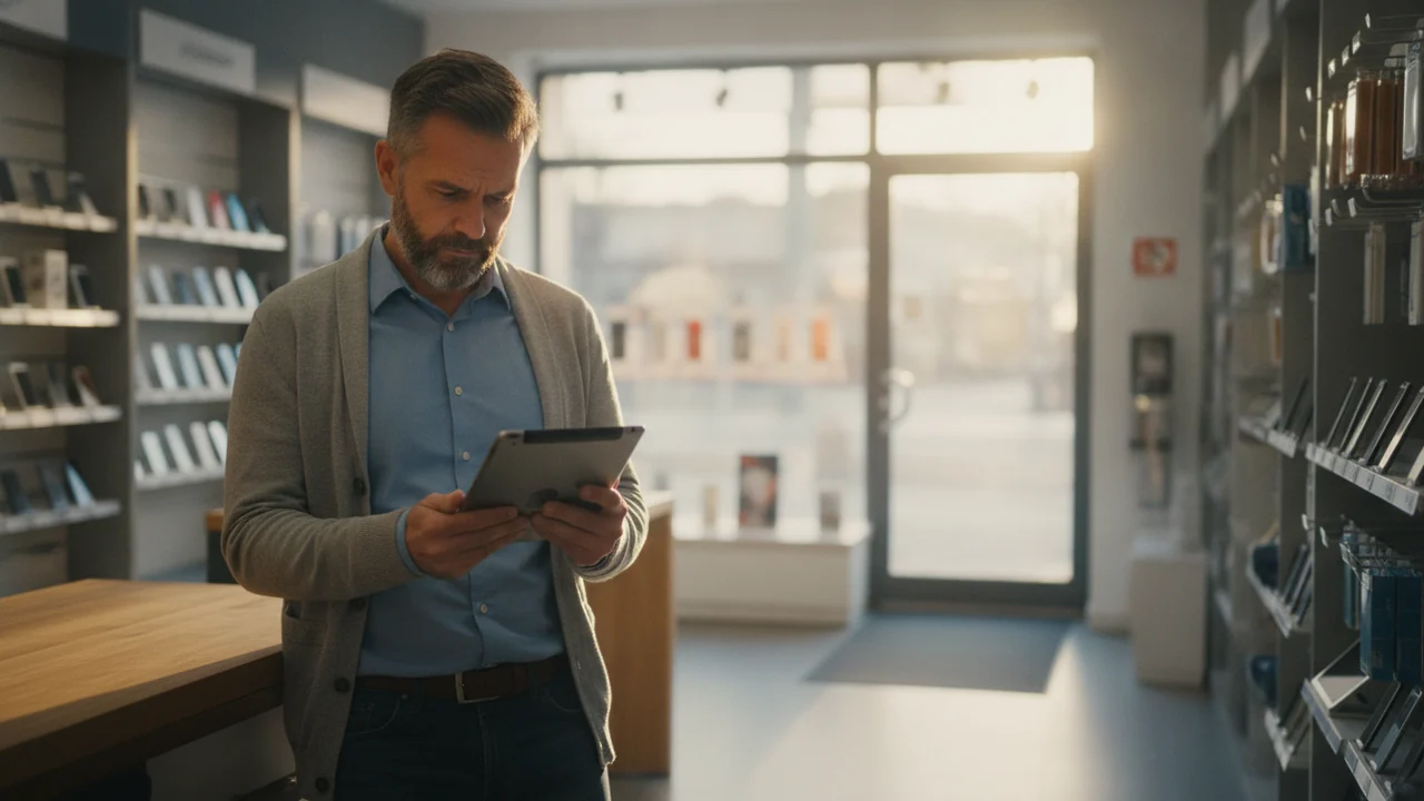 Ladeninhaber steht morgens mit einem Tablet hinter dem Tresen seines Handy-Shops