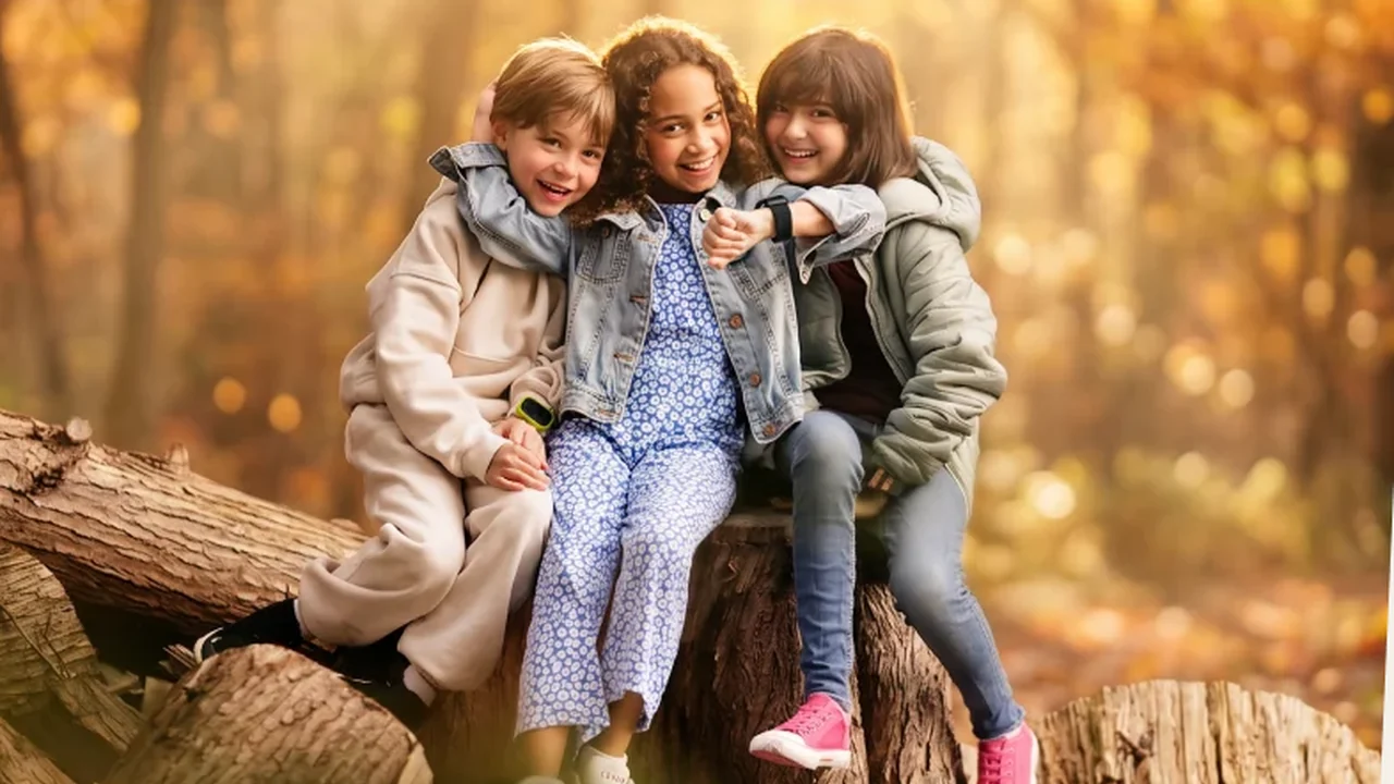 Drei Kinder sitzen im Herbstwald auf Baumst&auml;mmen, eines zeigt seine Kinder-Smartwatch