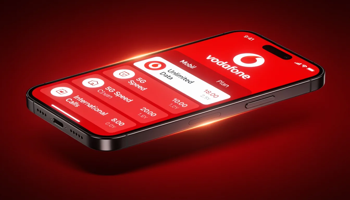 Smartphone mit Vodafone-Tarifen auf leuchtend rotem Hintergrund