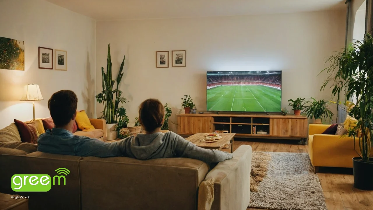 Paar sitzt abends auf dem Sofa und schaut auf einem Flachbildfernseher ein Fu&szlig;ballspiel
