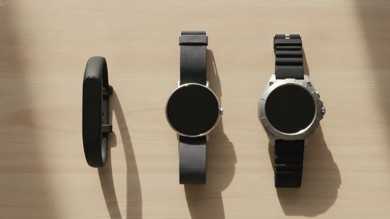 Fitness-Armband, Smartwatch und Sportuhr nebeneinander auf einem Holztisch