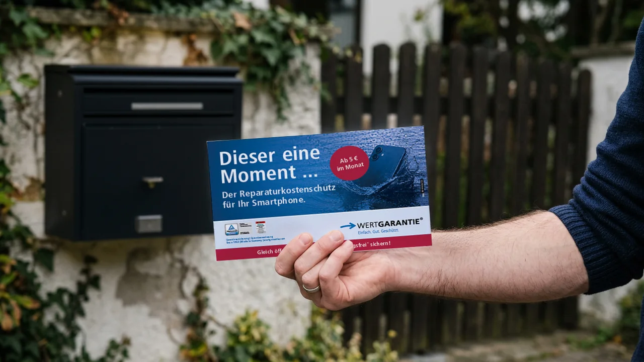 Hand hält das WERTGARANTIE-Mailing für den Smartphone-Reparaturkostenschutz vor einem Briefkasten