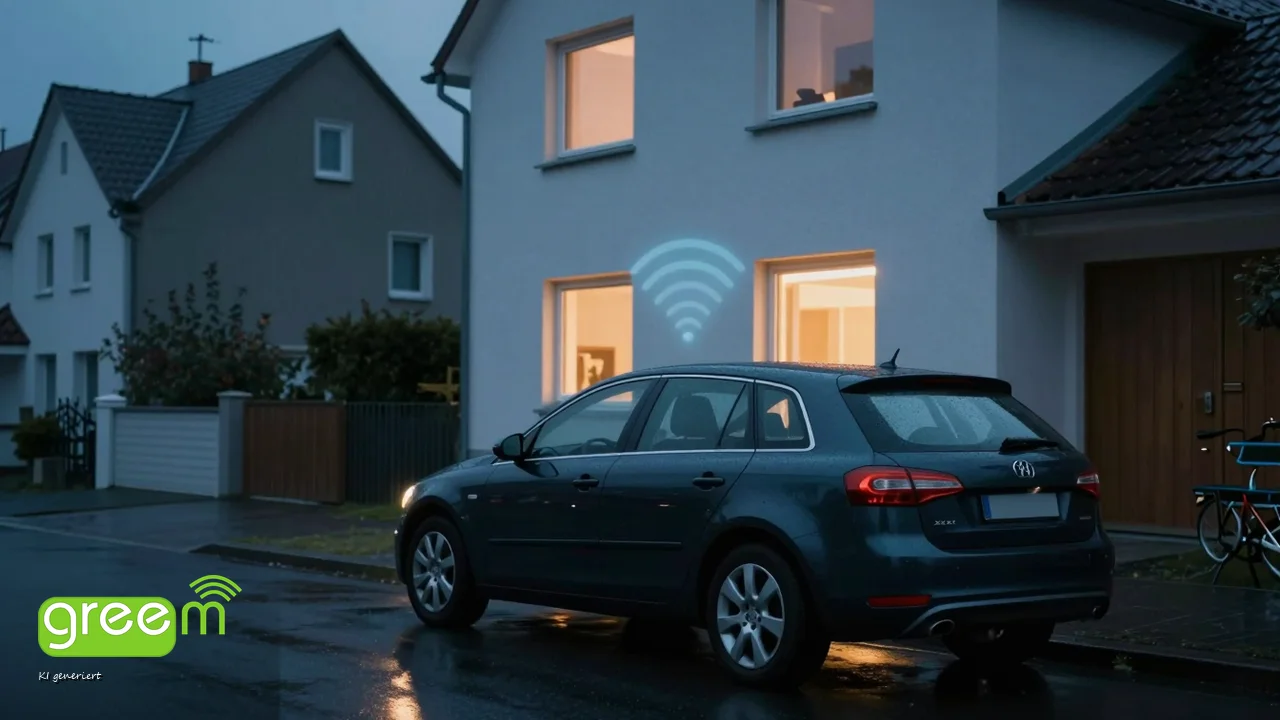 Abendstimmung in einer Wohnstraße, vor einem Einfamilienhaus mit beleuchteten Fenstern parkt ein Auto, aus einem Fenster strahlt ein WLAN-Symbol