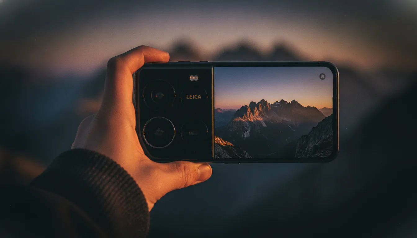 Smartphone mit Leica-Periskop-Kamera fotografiert Berglandschaft