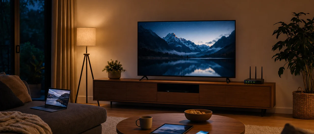 Wohnzimmer mit mehreren gleichzeitig laufenden Geräten