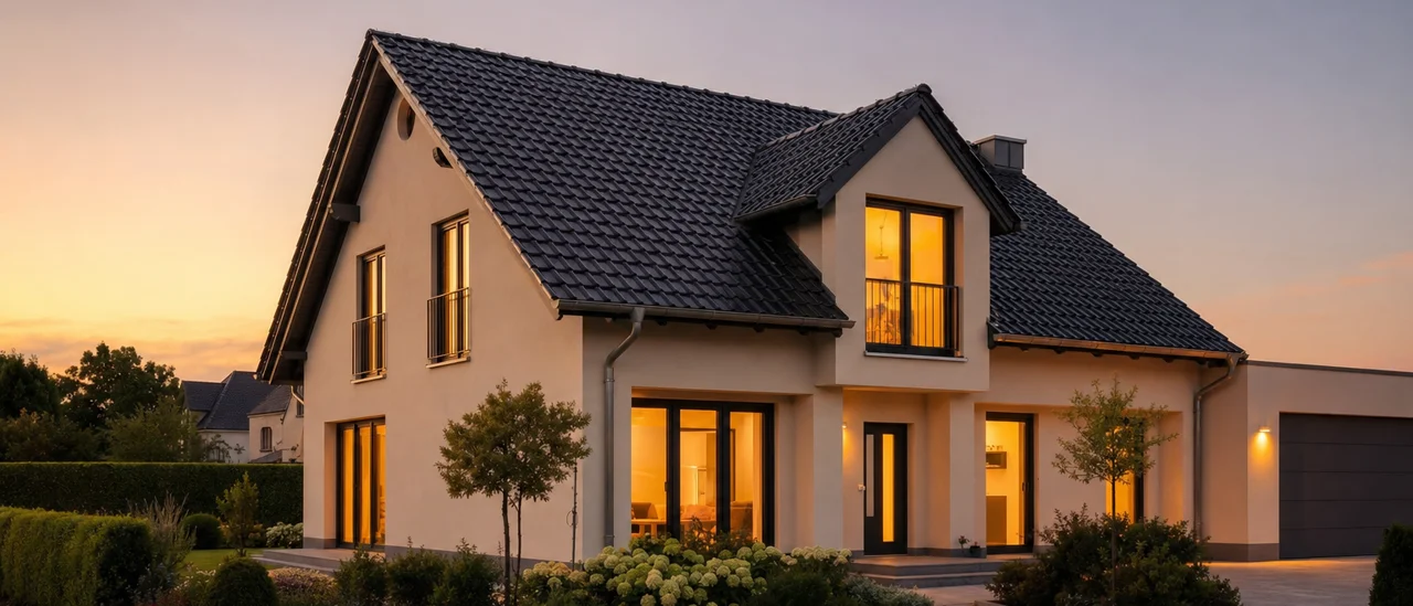 Einfamilienhaus in der Abenddämmerung mit Glasfaseranschluss