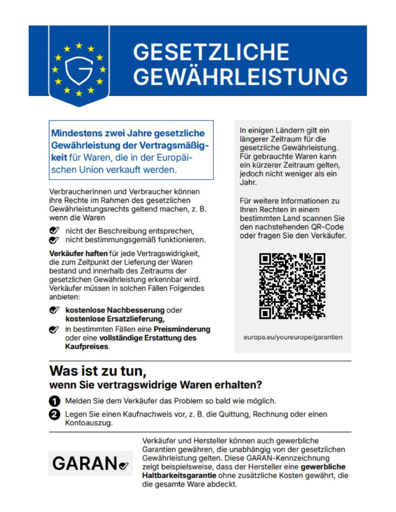 Gesetzliche Gewährleistung: harmonisierte Mitteilung der EU, Wortlaut siehe unten