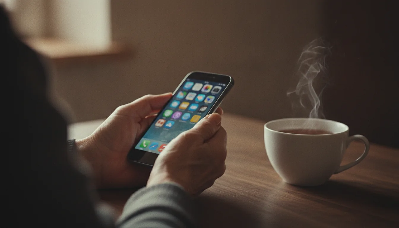 Hände einer Seniorin halten ein Smartphone mit App-Symbolen